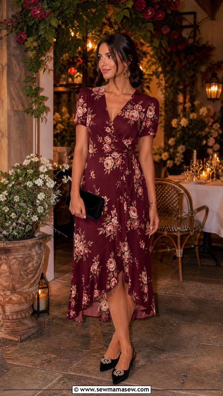 Pointed Toe Flat Outfit With A Floral Wrap Dress - 40 Pointed toe flat outfit ideas