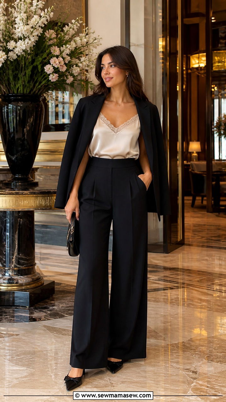 Pointed Toe Flat Outfit With A Silk Camisole And Wide Leg Pants - 40 Pointed toe flat outfit ideas