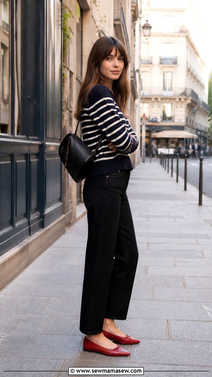 Pointed Toe Flat Outfit With A Striped Sweater And Black Jeans - 40 Pointed toe flat outfit ideas