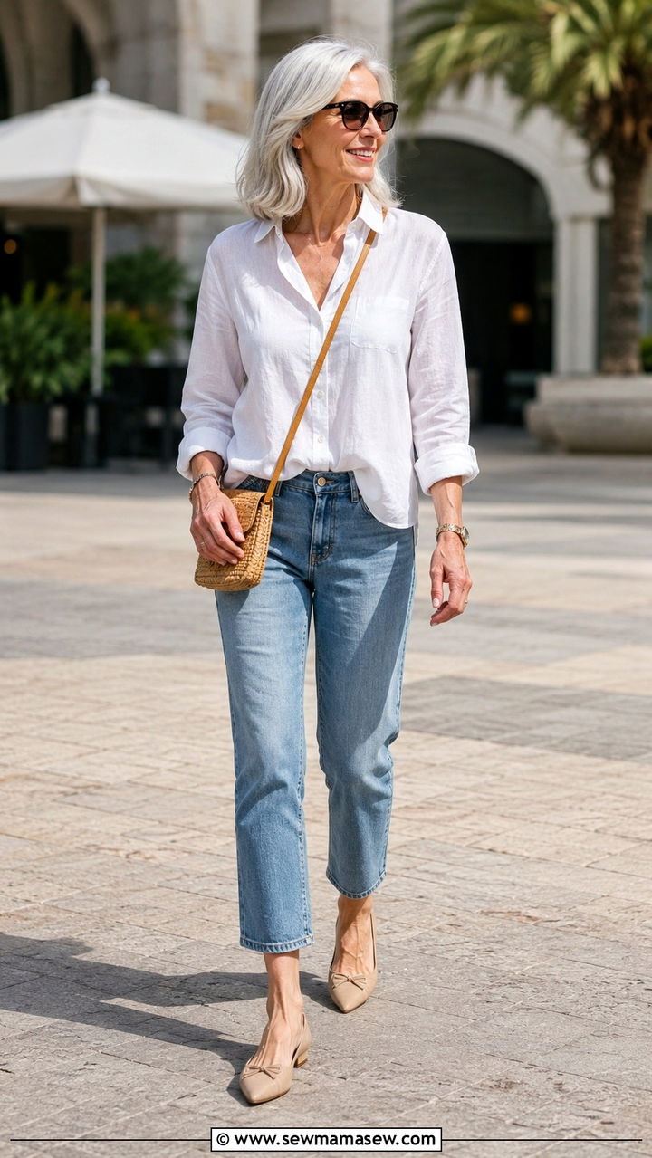 Pointed toe ballet flats and cropped straight leg jeans outfit over 60 - 20 Fashion mistakes to avoid over 60