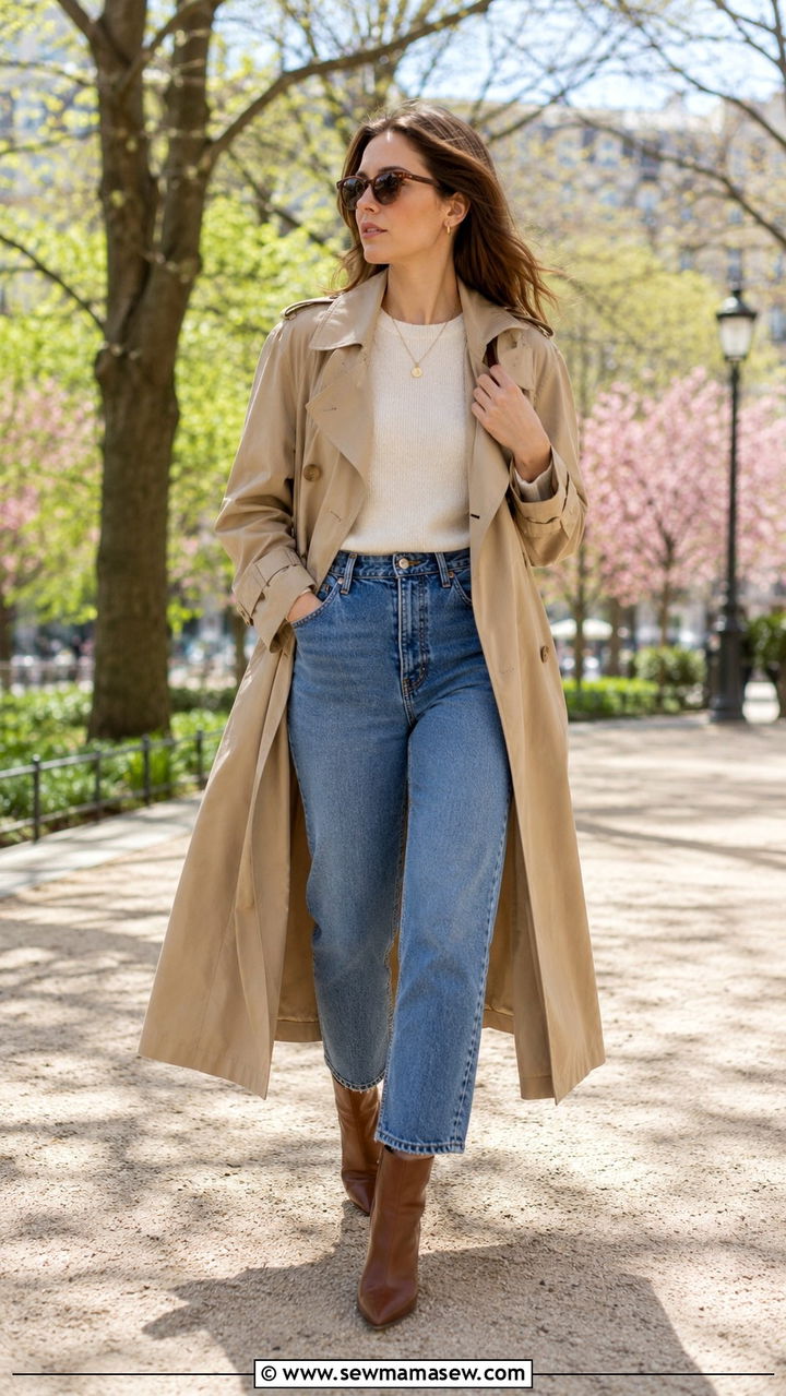 Pointed toe boots with cropped jeans and trench coat - 30 transitional boots outfit ideas