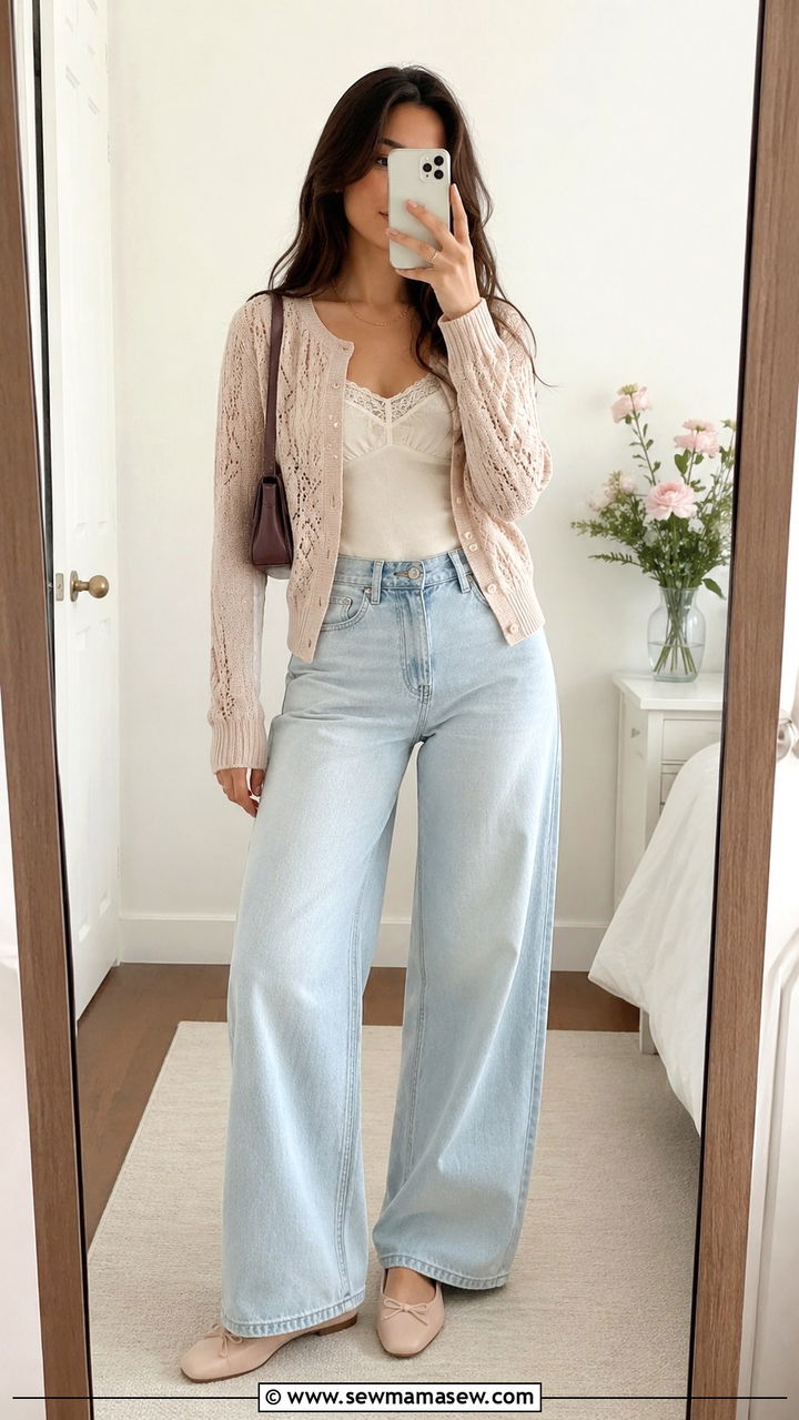 Pointelle Cardigan With Lace Trim Cami And Wide Leg Jeans - 25 poetcore outfits ideas