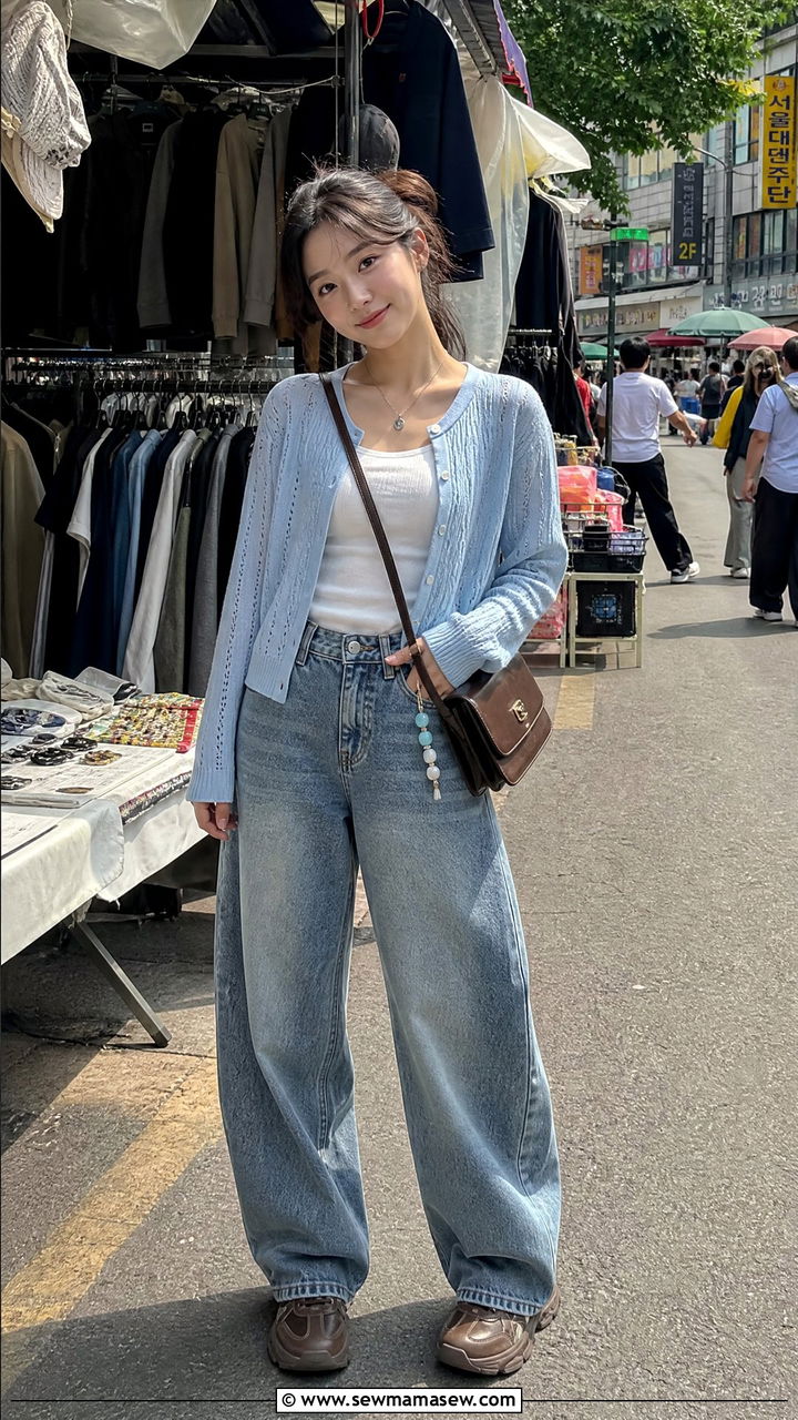 Pointelle Cardigan and Barrel Leg Jean Outfit - 40 What to wear in Seoul