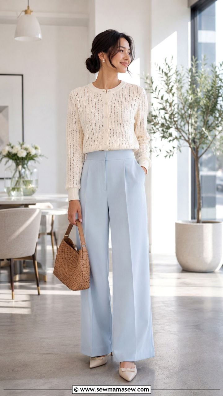 Pointelle Cardigan and Wide Leg Pants Outfit - 30 spring petite outfit ideas