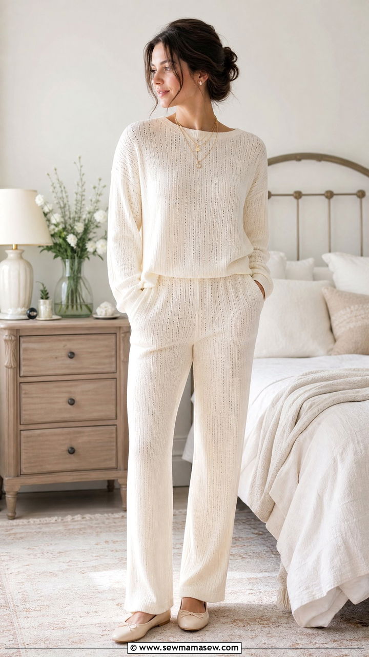 Pointelle Knit Lounge Set with Delicate Jewelry - 25 Knit loungewear set outfit ideas