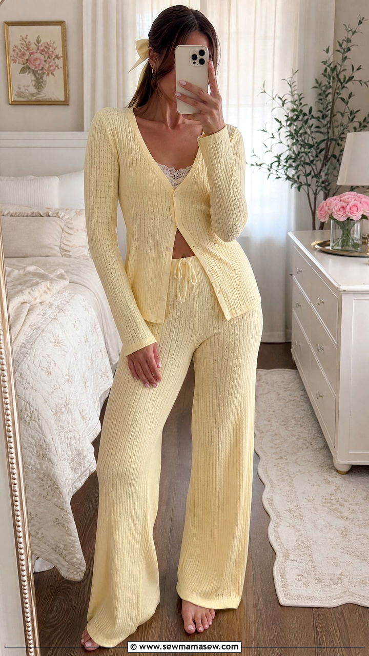 Pointelle Knit Top And Pants Lounge Set - 25 Loungewear matching set outfit ideas