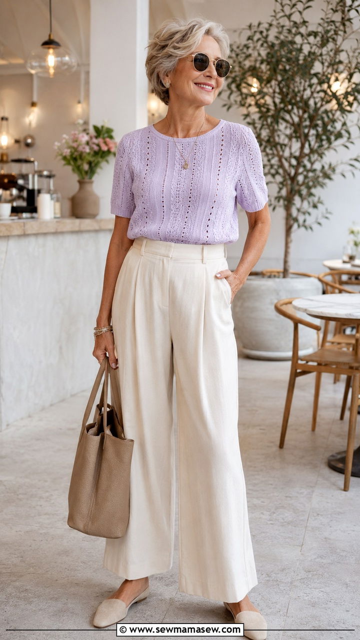 Pointelle Knit Top with Flowy Pants - 25 Weekend outfit ideas for women over 60