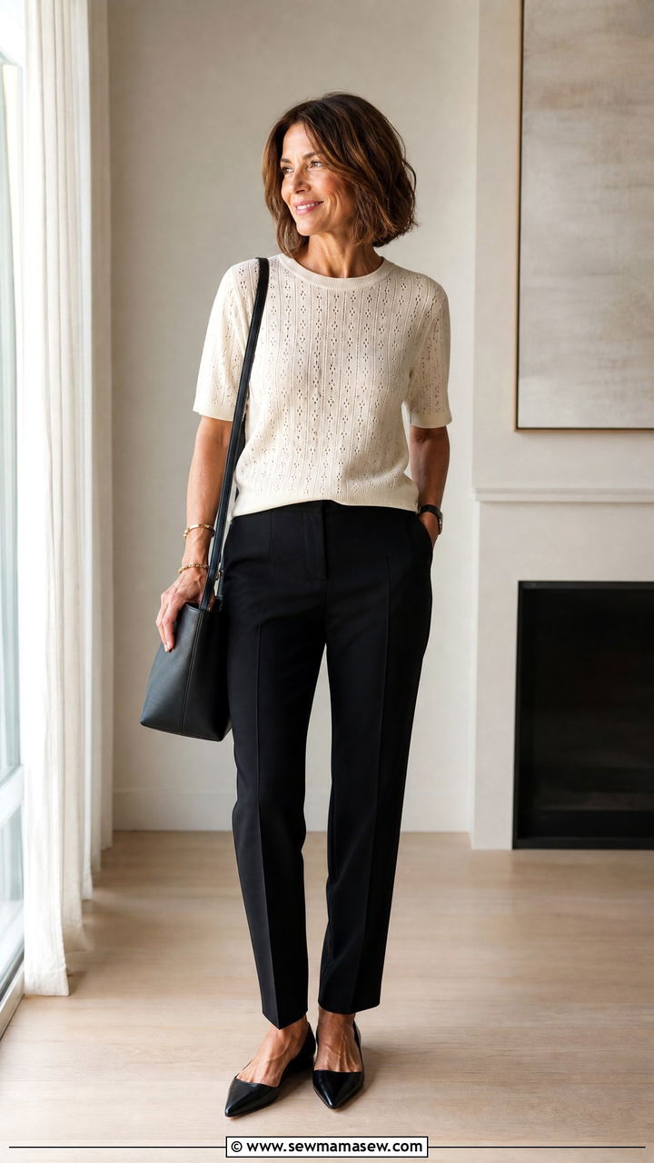 Pointelle Knit Top with Sleek Trousers - 35 Minimalist outfit ideas for women over 40