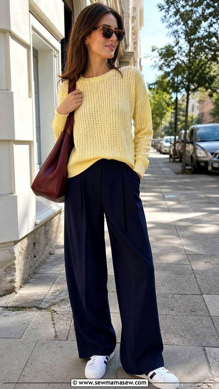 Pointelle Knit and Wide Leg Trousers with Trainers - 20 Boho outfit ideas Sienna Miller style