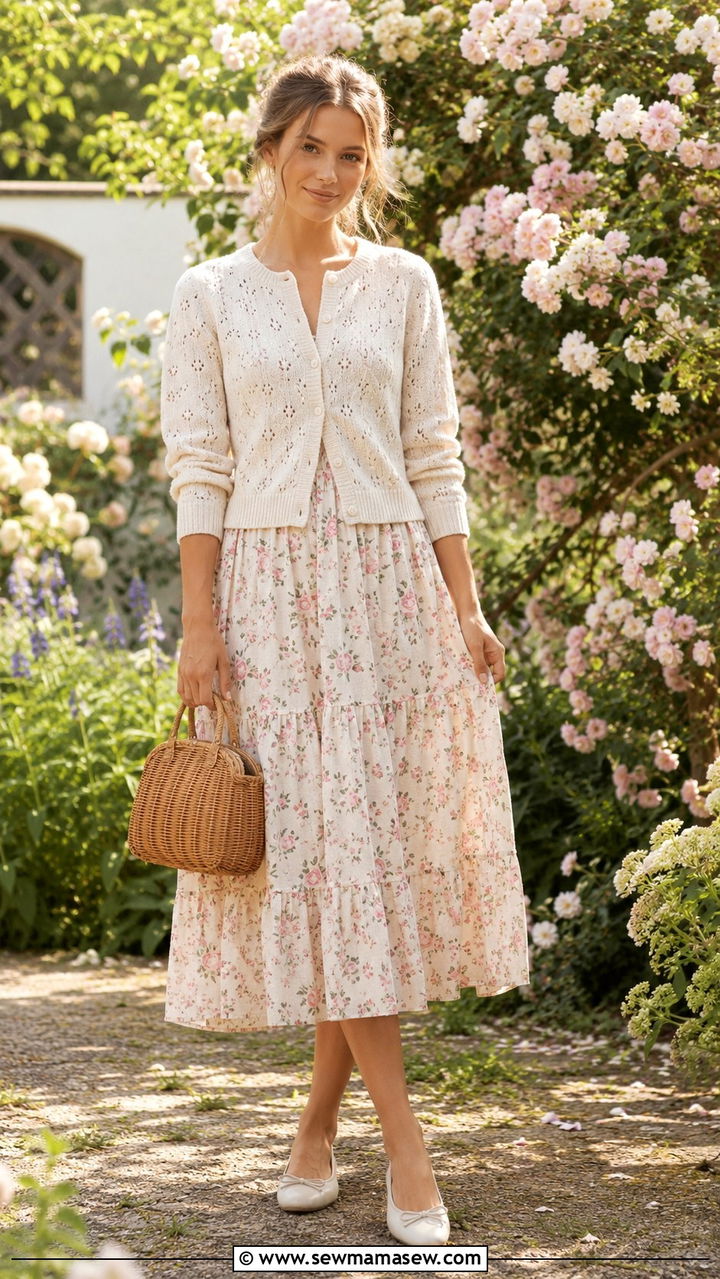 Pointelle cardigan with floral midi dress - 30 Spring outfits with sweaters