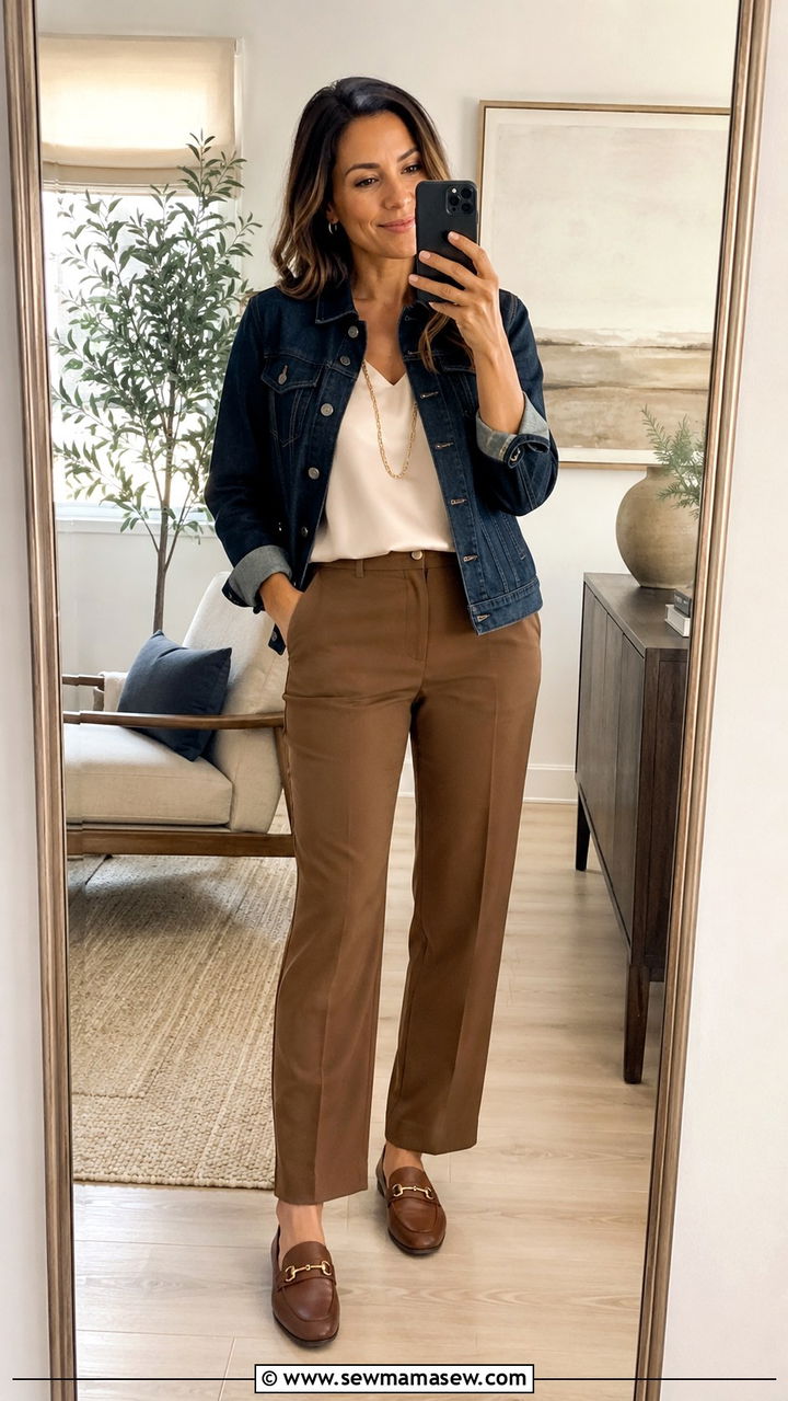 Polished denim jacket with silk top and trousers - 25 Virtual presentation outfit ideas