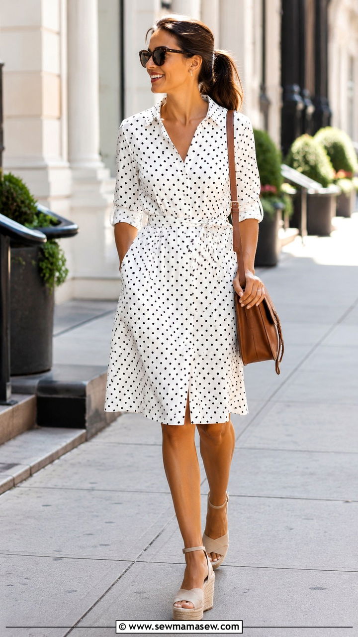 Polka Dot Belted Shirtdress With Espadrille Wedges - 30 polka dot outfit ideas