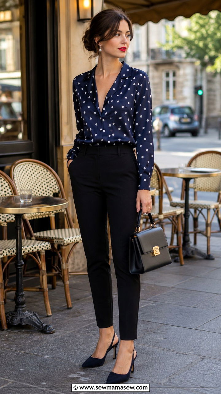 Polka Dot Blouse With Slim Pants - 30 Parisian summer outfit ideas