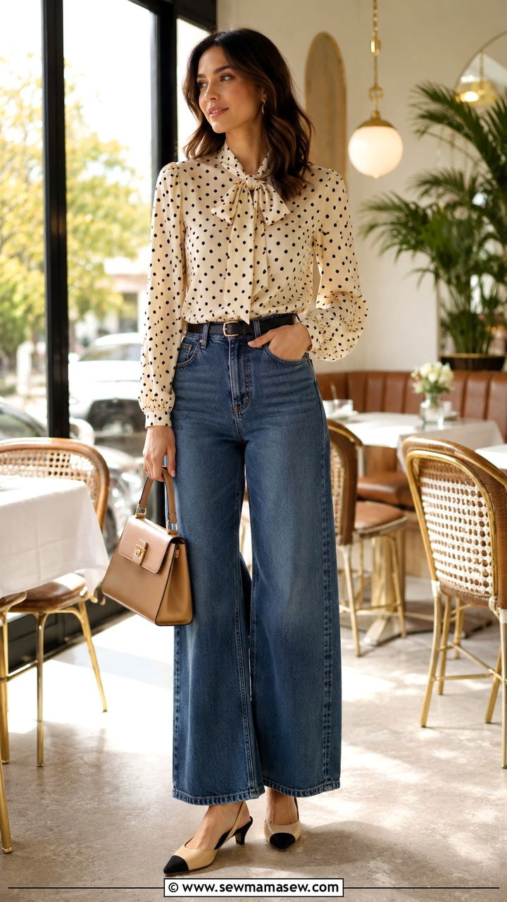 Polka Dot Blouse With Wide Leg Jeans Outfit - 30 casual outfits to copy