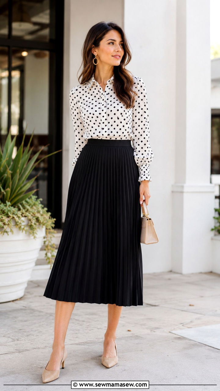 Polka Dot Blouse and Pleated Midi Skirt Outfit - 20 cute outfits to copy