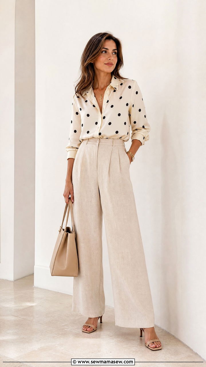 Polka Dot Blouse with Linen Trousers - 30 summer polka dot outfit ideas
