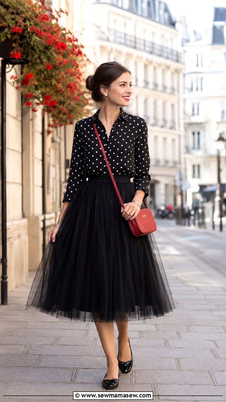 Polka Dot Button Down With Black Tulle Skirt - 20 Tulle skirt outfit ideas with a button down