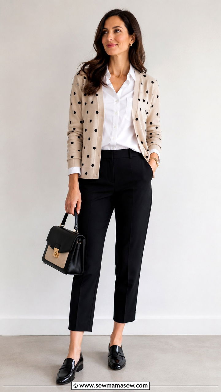 Polka Dot Cardigan With White Button Down and Cropped Trousers - 30 polka dot outfit ideas
