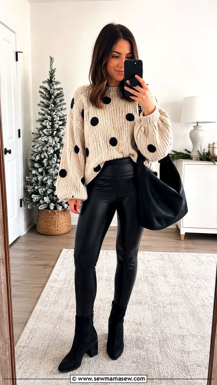 Polka Dot Chunky Sweater With Faux Leather Leggings - 30 polka dot outfit ideas