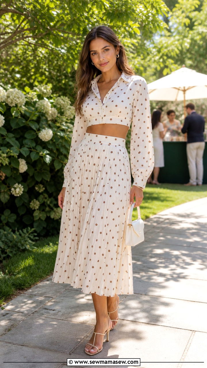 Polka Dot Cropped Shirt and Pleated Midi Skirt - 20 Boho outfit ideas Sienna Miller style