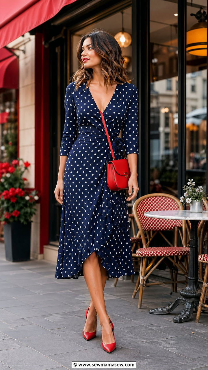 Polka Dot Dress Outfit with Red Accessories - 35 dress outfits for women