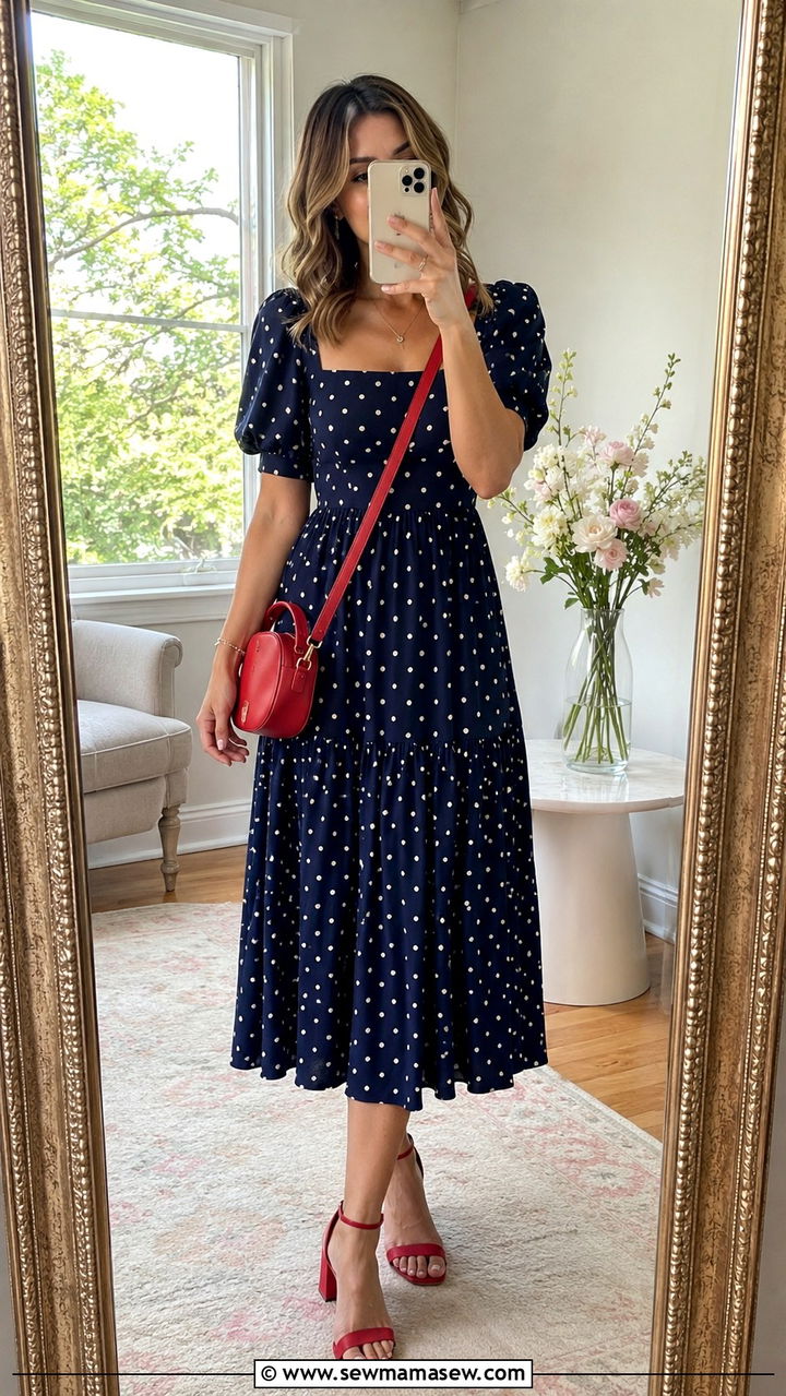 Polka Dot Dress With Block Heels - 25 seasonal spring wedding guest outfit ideas