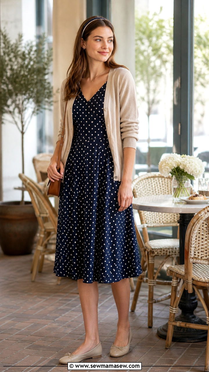 Polka Dot Dress With Cardigan And Flats Outfit - 40 dress outfits