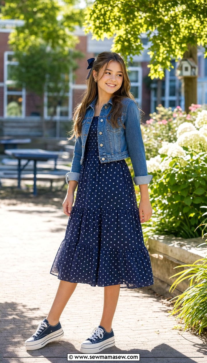 Polka Dot Dress With Denim Jacket and Platform Canvas Sneakers - 35 Back to school outfit ideas 8th grade
