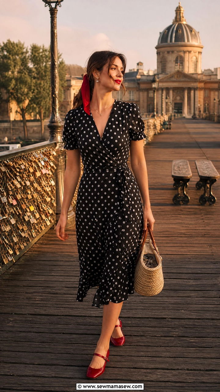 Polka Dot Dress With Mary Janes And Basket Bag - 30 summer parisian outfit ideas