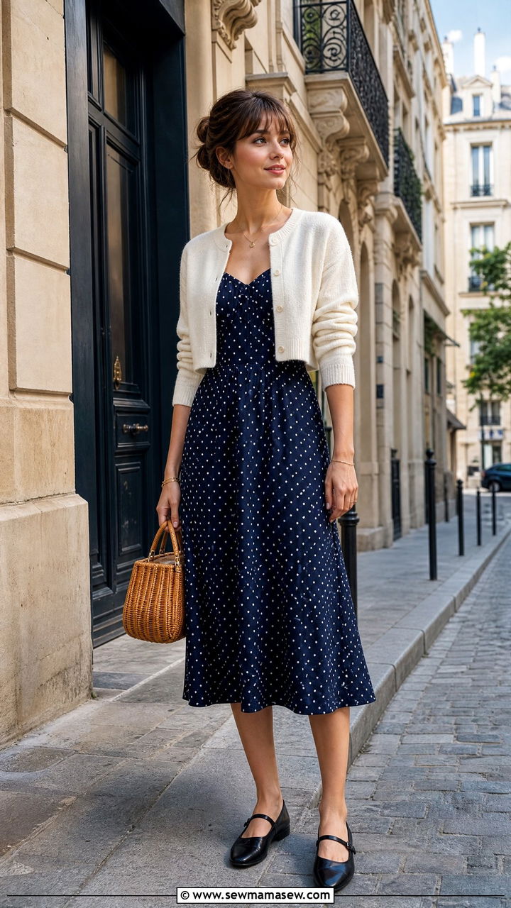 Polka Dot Dress with Cardigan and Mary Janes - 35 french girl outfits for women