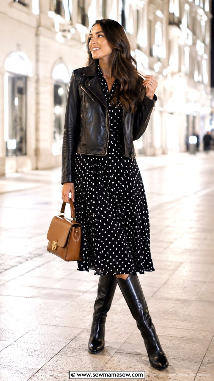 Polka Dot Dress with Leather Jacket and Knee High Boots - 30 Transitional dress outfit ideas