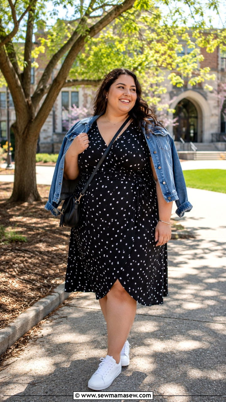 Polka Dot Dress with White Sneakers - 30 Plus size outfit ideas for graduation