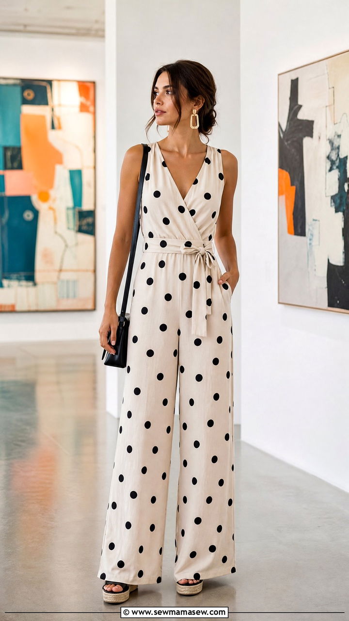 Polka Dot Jumpsuit with Platform Sandals - 30 summer polka dot outfit ideas