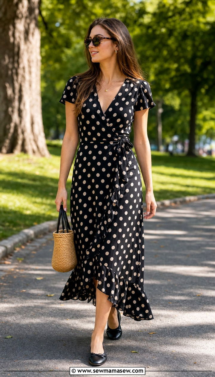 Polka Dot Maxi Dress With Ballet Flats - 25 Early April outfit ideas