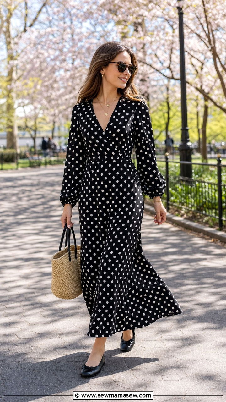 Polka Dot Maxi Dress With Ballet Flats - 35 April outfit ideas