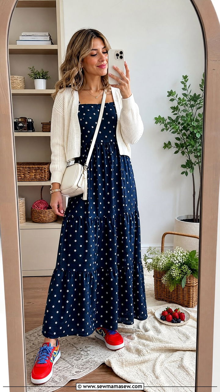 Polka Dot Maxi Dress With Colorful Sneakers - 30 Maxi dress outfit ideas with sneakers