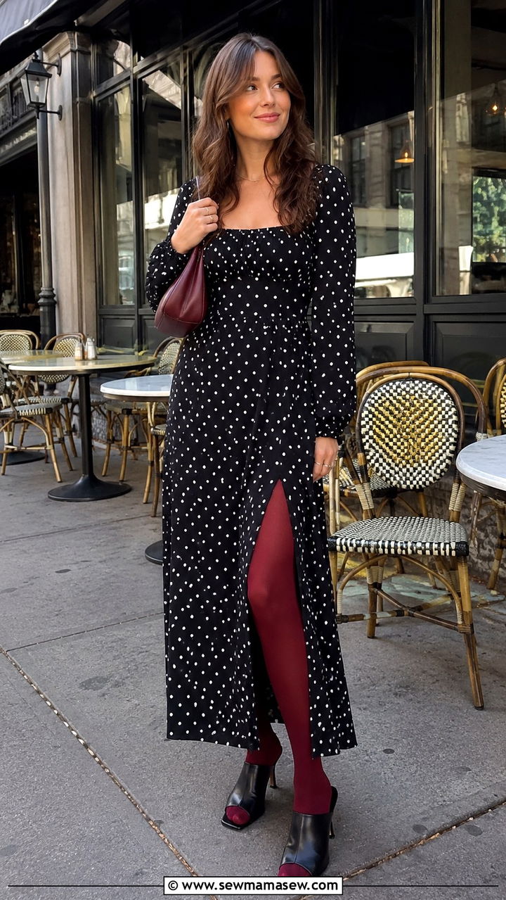 Polka Dot Maxi Dress With Colorful Tights And Heeled Mules - 30 Maxi dress outfit ideas with tights