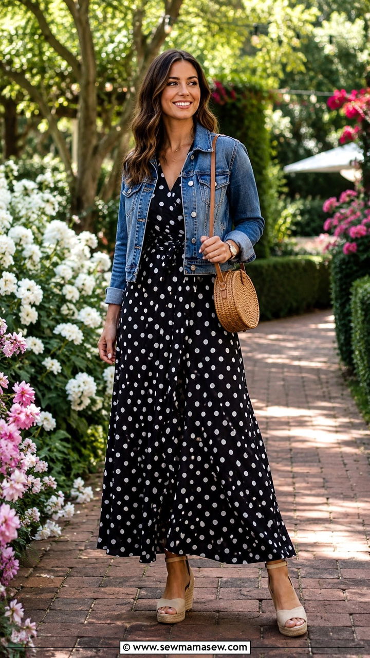 Polka Dot Maxi Dress With Denim Jacket And Espadrilles - 30 Maxi dress with a denim jacket outfit ideas