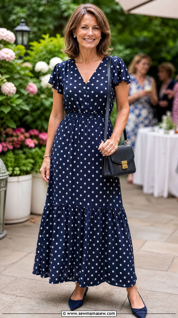 Polka Dot Maxi Dress With Pointed Ballet Flats - 30 Maxi dress for women over 40 outfit ideas