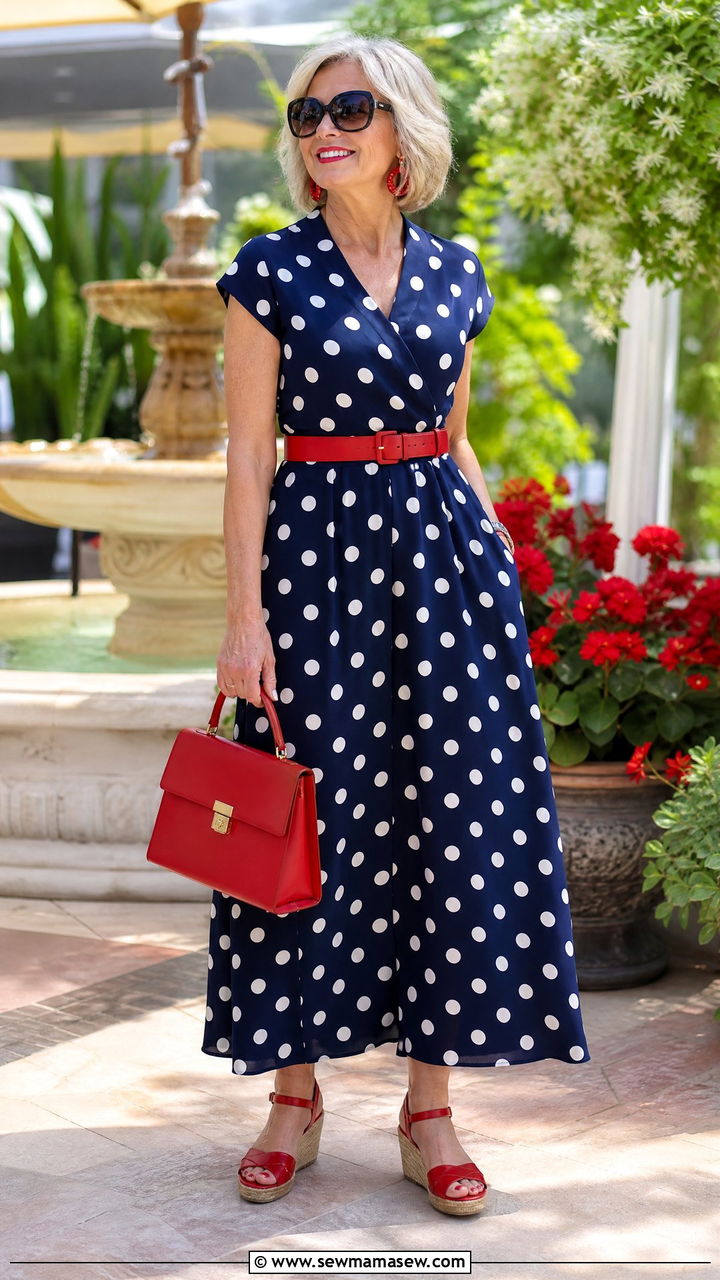 Polka Dot Maxi Dress with Red Accessories and Low Wedges - 30 Maxi dress for women over 50 outfit ideas