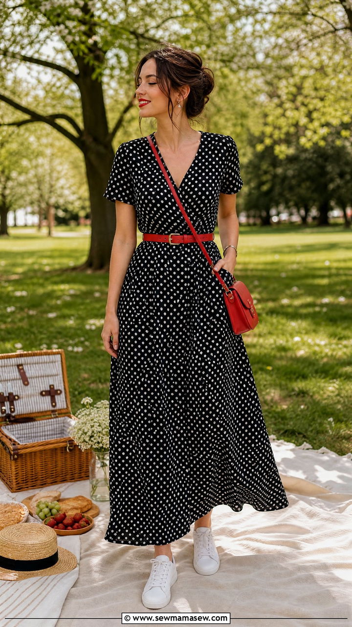 Polka Dot Maxi Dress with Red Leather Belt and White Sneakers - 30 Maxi dress outfit ideas with a belt