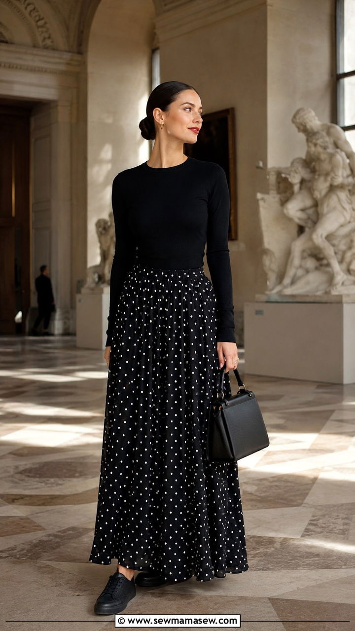 Polka Dot Maxi Skirt With Black Knit and Low Profile Sneakers - 30 Maxi skirt outfit ideas with sneakers