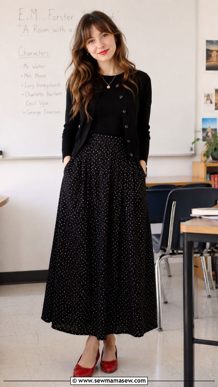 Polka Dot Maxi Skirt With Red Ballet Flats And Black Cardigan - 25 Professor outfit ideas