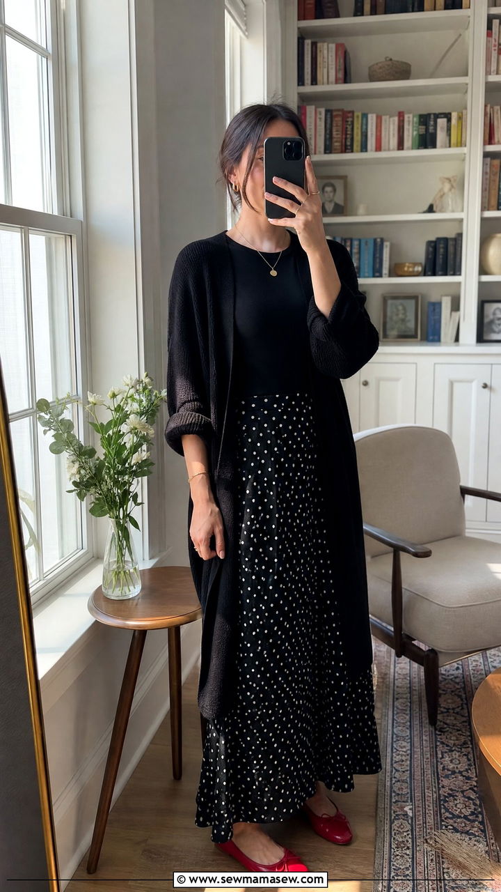 Polka Dot Maxi Skirt and Black Cardigan - 25 librarian core outfits aesthetic