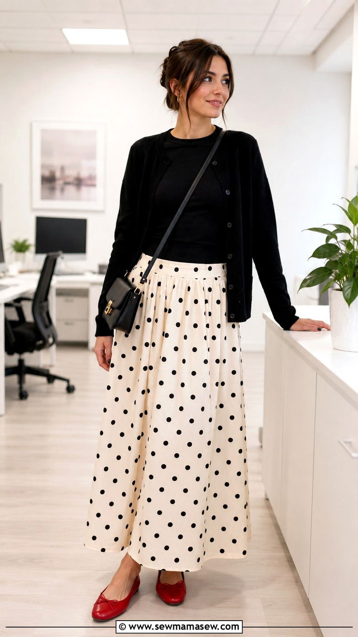 Polka Dot Maxi Skirt with Black Top and Red Ballet Flats - 25 Researcher outfit ideas
