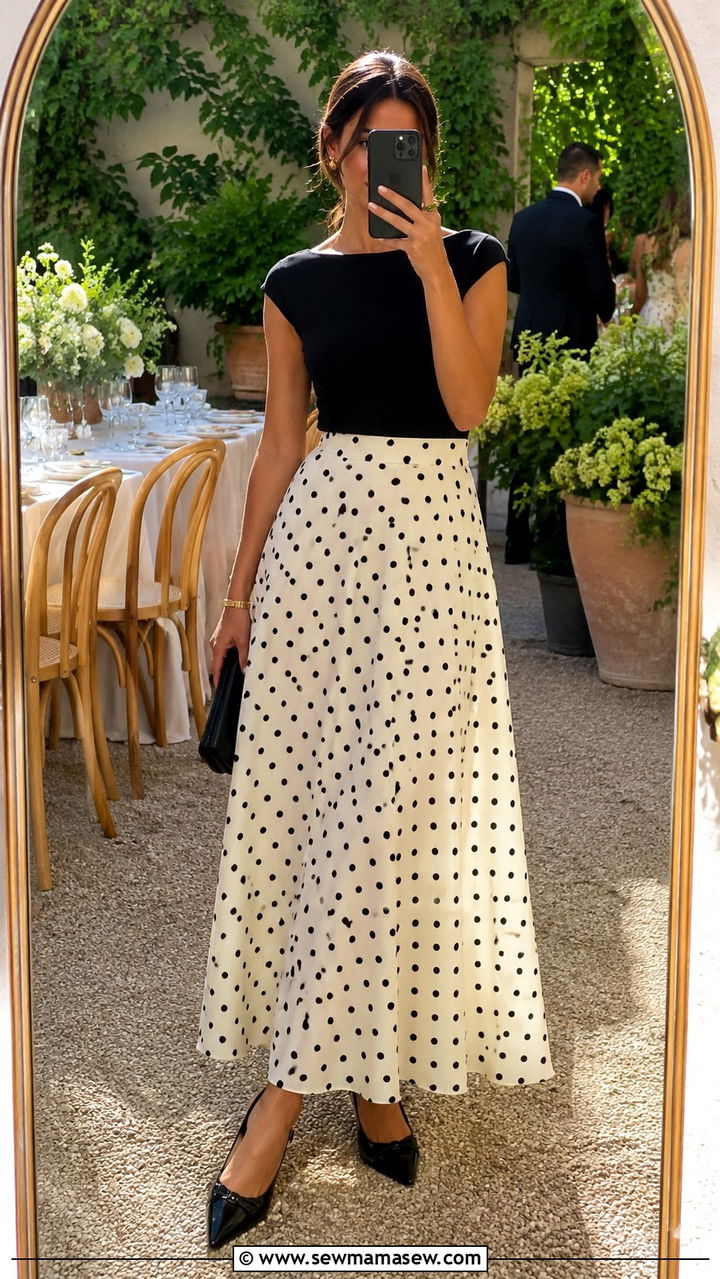 Polka Dot Maxi Skirt with Kitten Heel Slingbacks - 30 Maxi skirt outfit ideas with heels