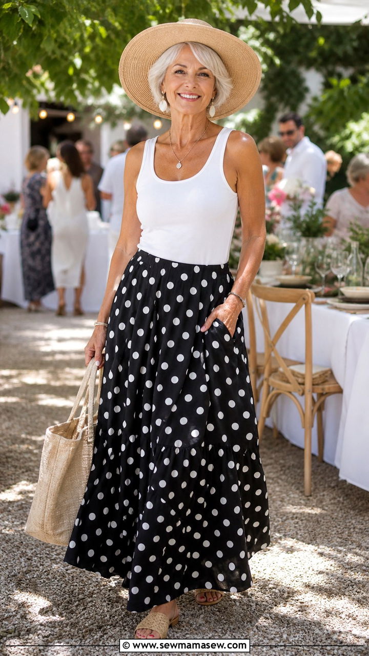 Polka Dot Maxi Skirt with a Simple Tank and Statement Hat - 20 70 year old woman outfit ideas