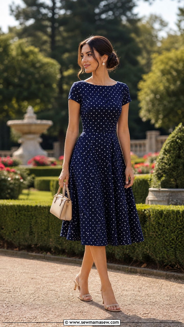 Polka Dot Midi Dress Garden Wedding Guest Look - 30 Garden attire wedding guest outfit ideas