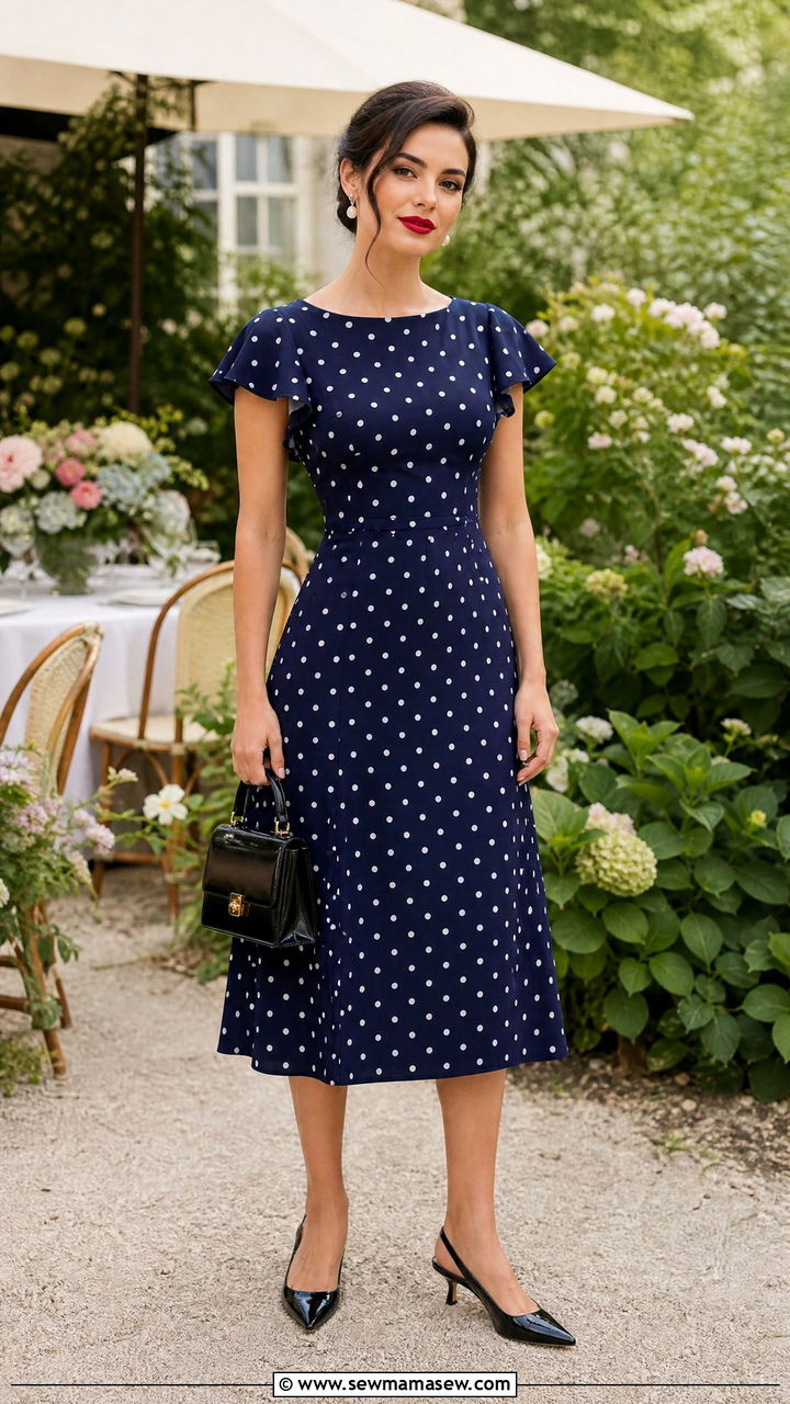 Polka Dot Midi Dress Heels Red Lip Look - 25 French girl outfit ideas with red lipstick