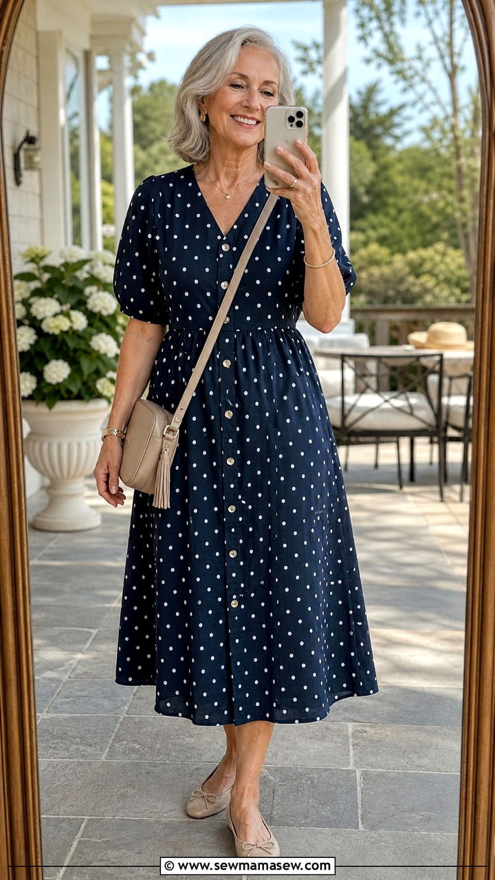 Polka Dot Midi Dress Look - 20 Birthday outfits for women over 60